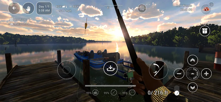 Schermata di Fishing Planet: pontile di legno su un lago all'alba