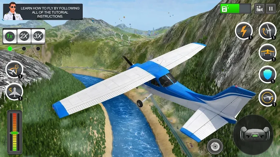 Schermata di Pilot Simulator: Airplane Game con un monoplano in volo sopra un fiume fra le montagne