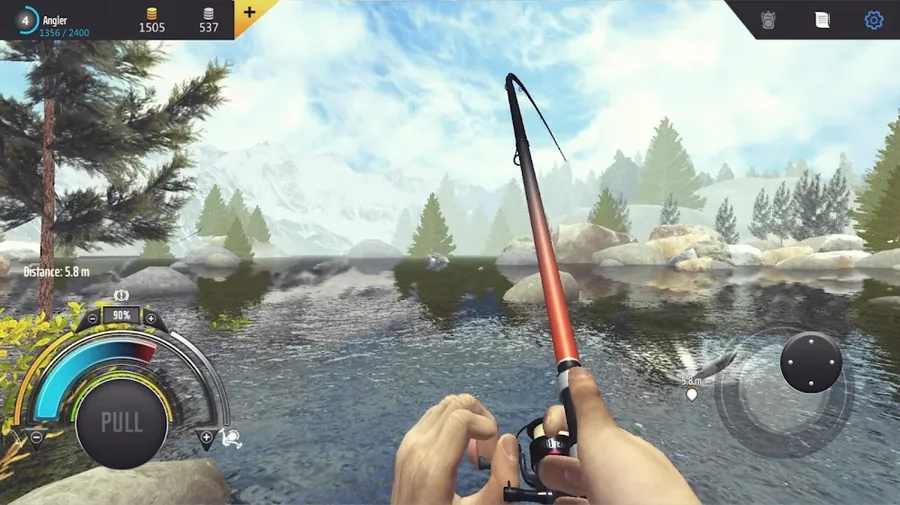 Schermata di Professional Fishing: lancio della canna in prima persona su un lago di montagna
