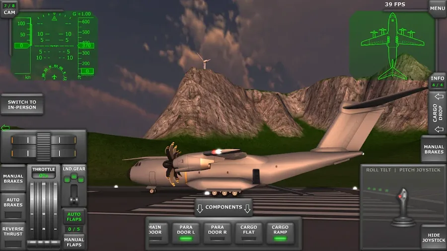 Schermata di Turboprop Flight Simulator: aereo a elica fermo su una pista fra le montagne