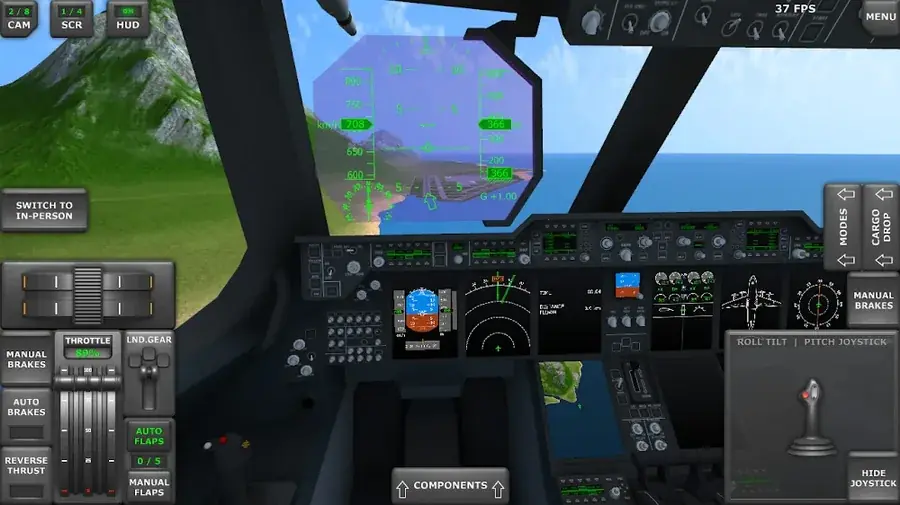 Schermata di Turboprop Flight Simulator: cabina di pilotaggio con strumenti e vista sulla costa